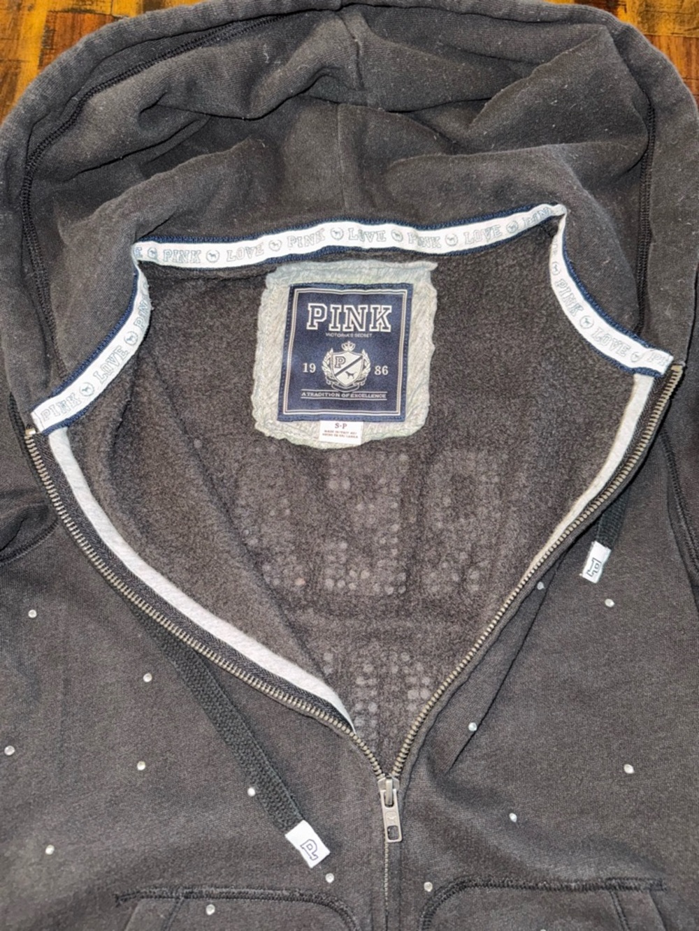 DREAM ON PINK bling rhinestone rainbow whimsy women's zip-up hoodie. black sz S - Picture 3 of 6